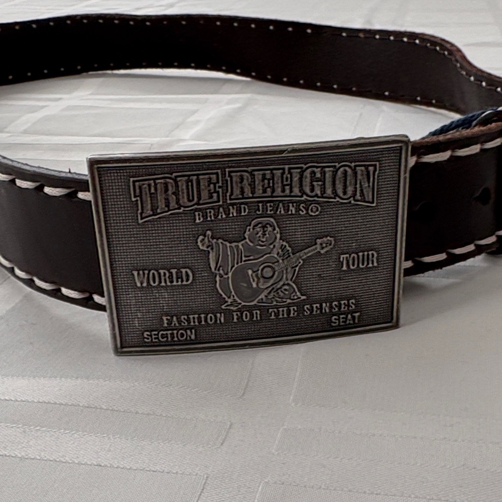 True Religion Men's Brown Stitching Belt with Signature Buddha Silver Buckle 38